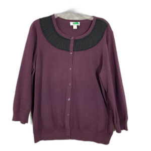 Loft Button Up Cotton Cardigan sweater women’s size XL purple ribbon faux collar